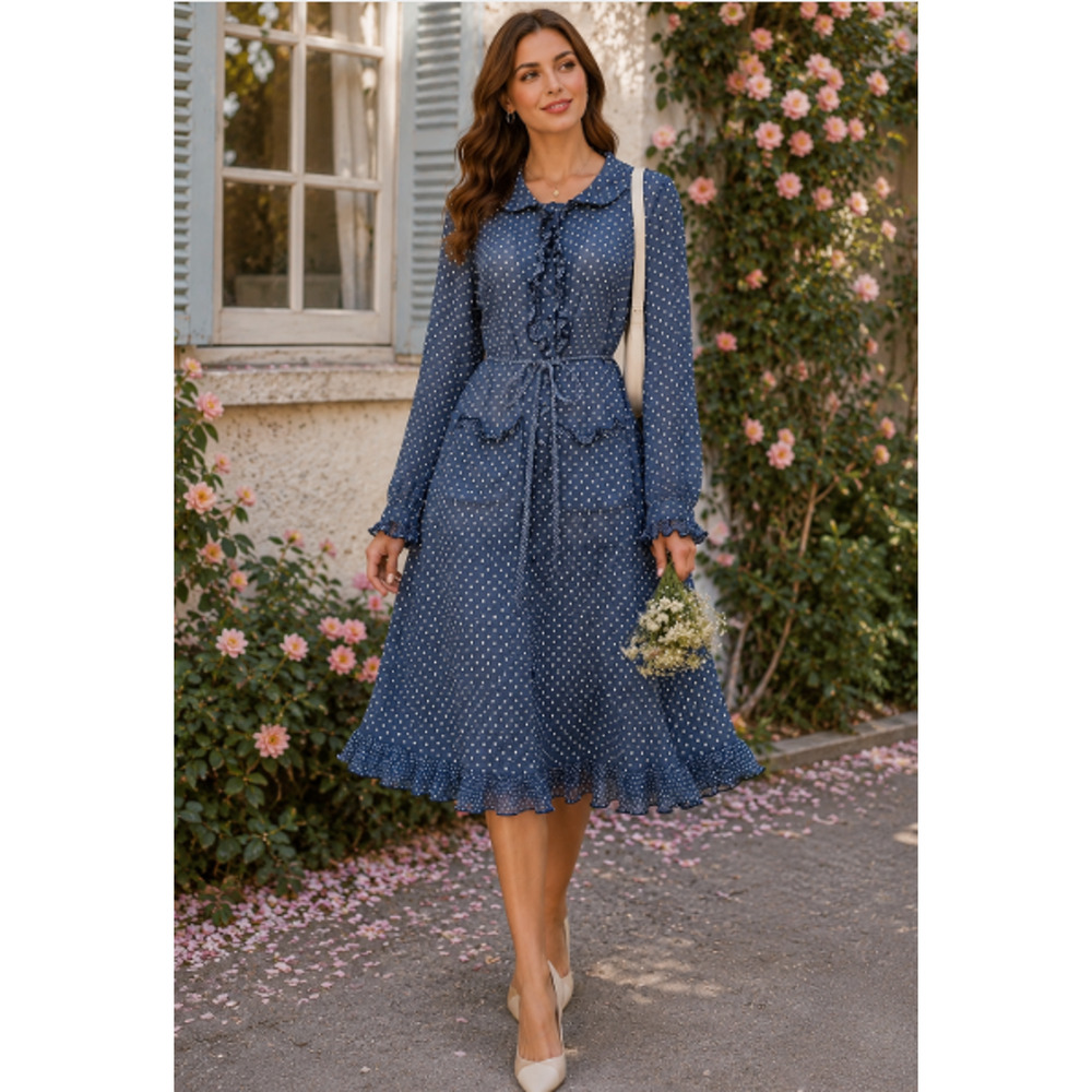 Leona Edmiston Frocks Silk Blue Polka Dot Ruffle Neck Midi Dress Sz 1/S Retro